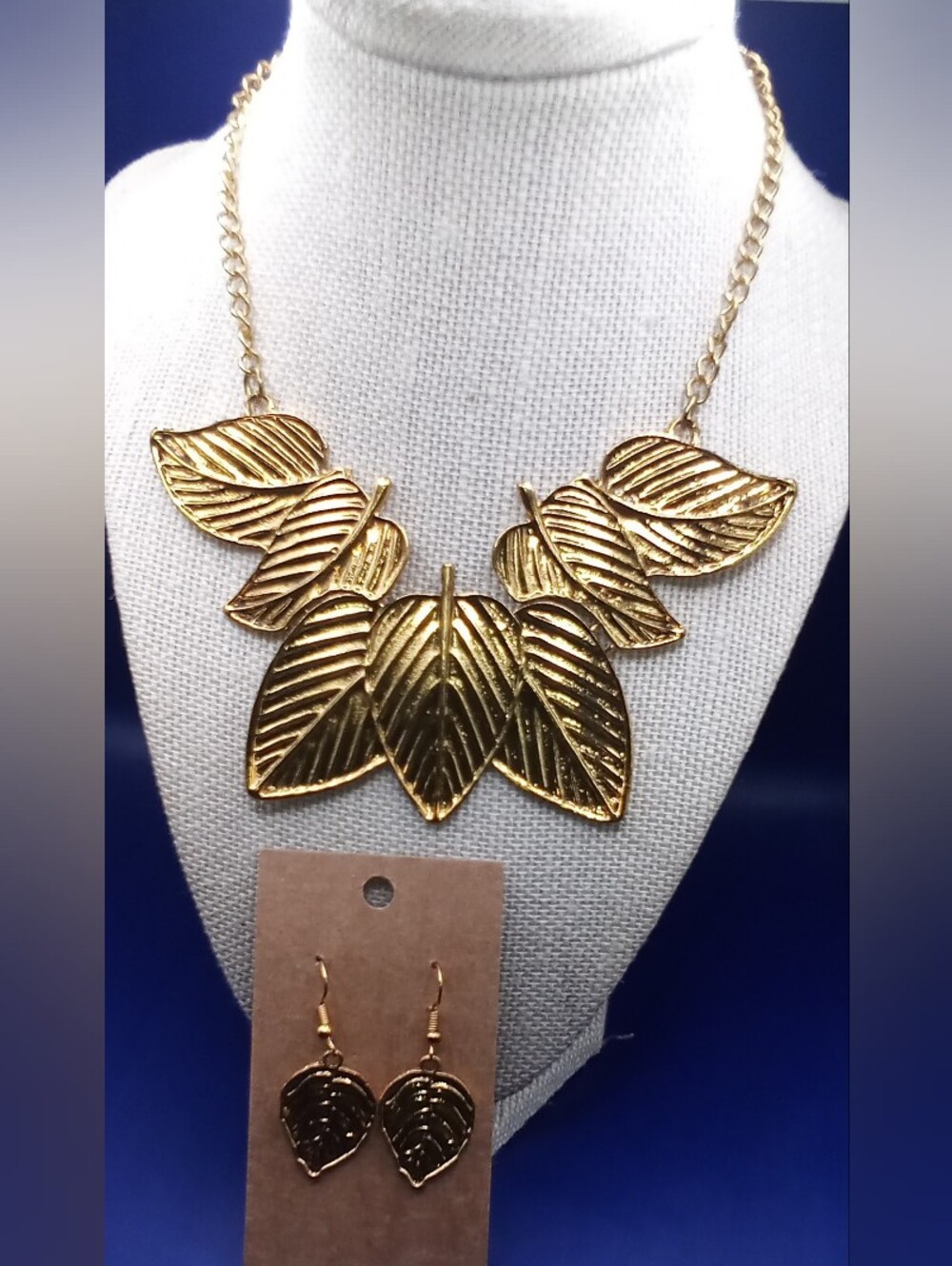 Gold Leaf Statement Necklace and Earrings Set